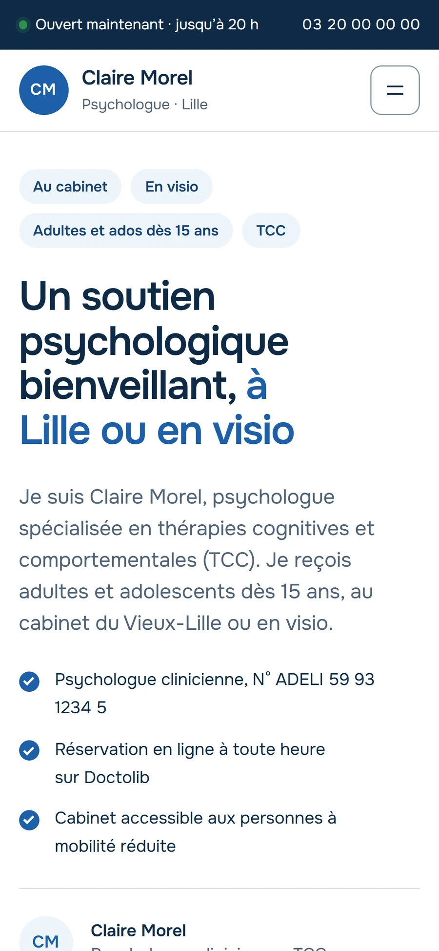 Un site de psychologue dans le style Santé, sur téléphone.