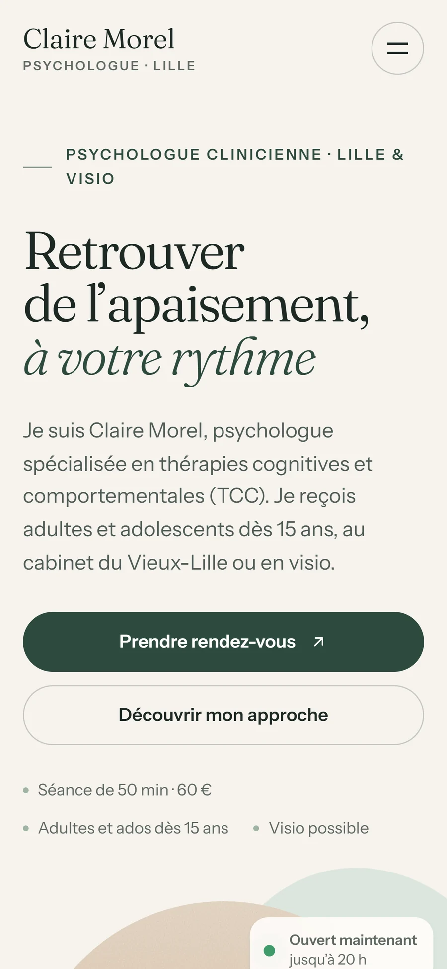 Un site de psychologue dans le style Sauge, sur téléphone.