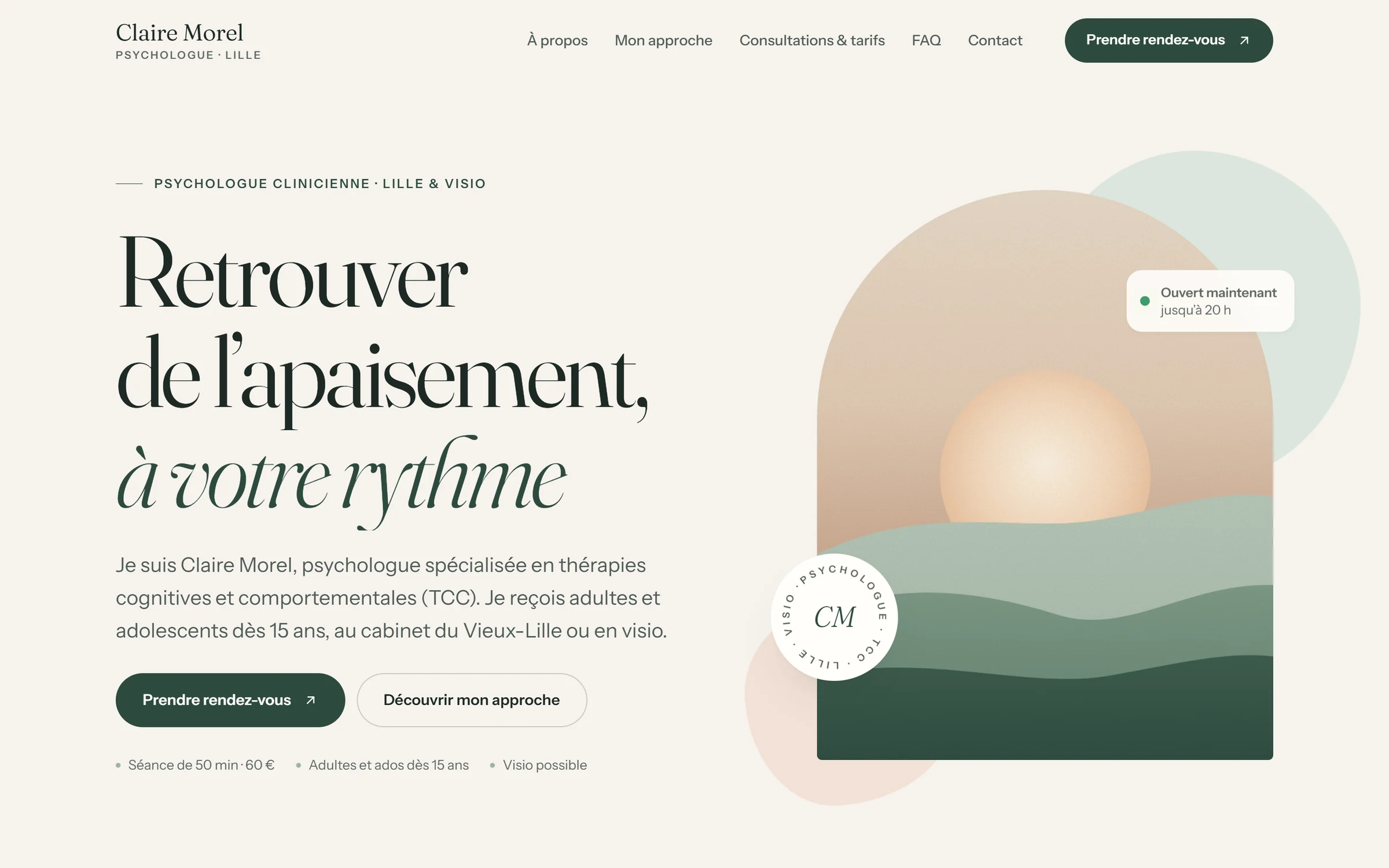 Page d’accueil du site de démonstration de Claire Morel, psychologue à Lille, dans le style Sauge.